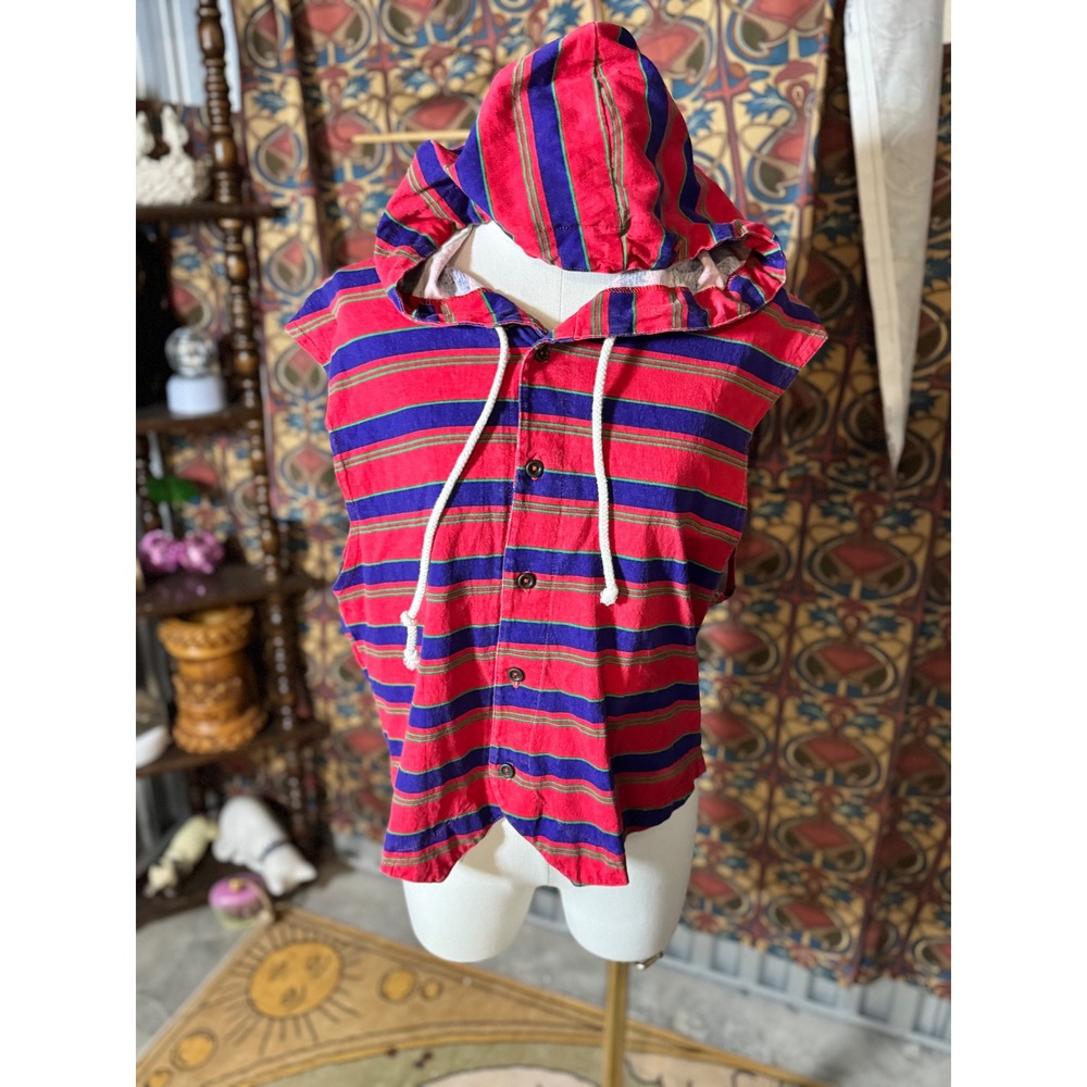 Basic American Goods Red Blue Stripe Sleeveless Hoodie Button Up Shirt Size S